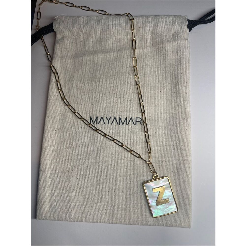 Gold Z Rectangle Pendant Paperclip Necklace with Mother-of-Pearl by Mayamar